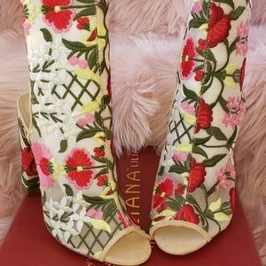 Floral embroidered peep toe mid calf boots